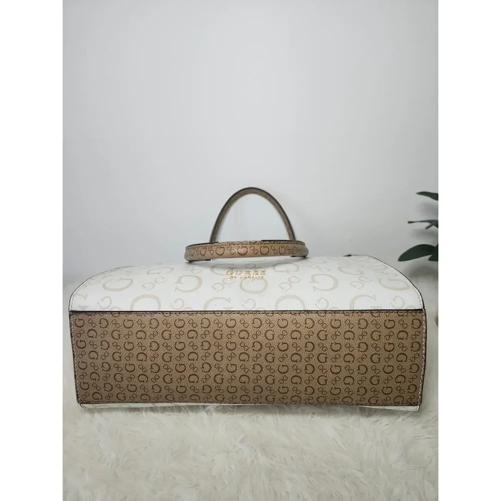 Guess Tote Bag Women's Cream Brown Gold Tone Preppy Classic Monogram Logo